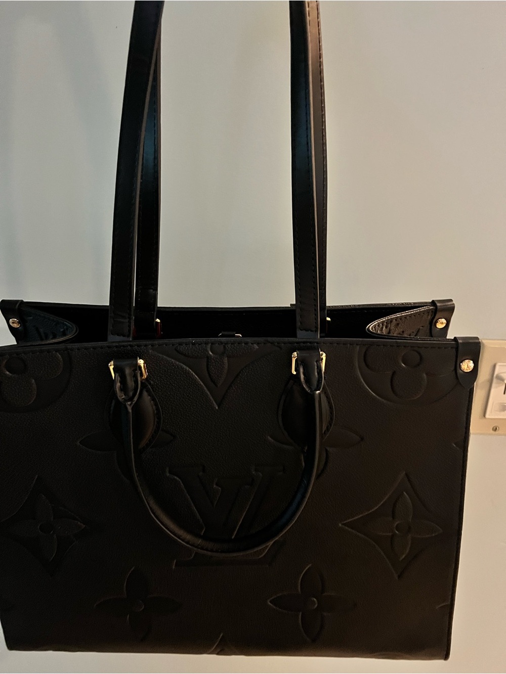 Louis Vuitton Black Embossed Monogram Tote with Gold Hardware